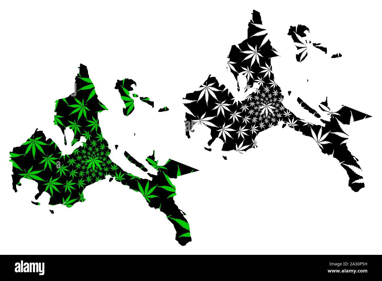Calabarzon regione (regioni e province delle Filippine) mappa è progettato Cannabis leaf verde e nero, Southern Tagalog terraferma mappa fatta di mari Illustrazione Vettoriale