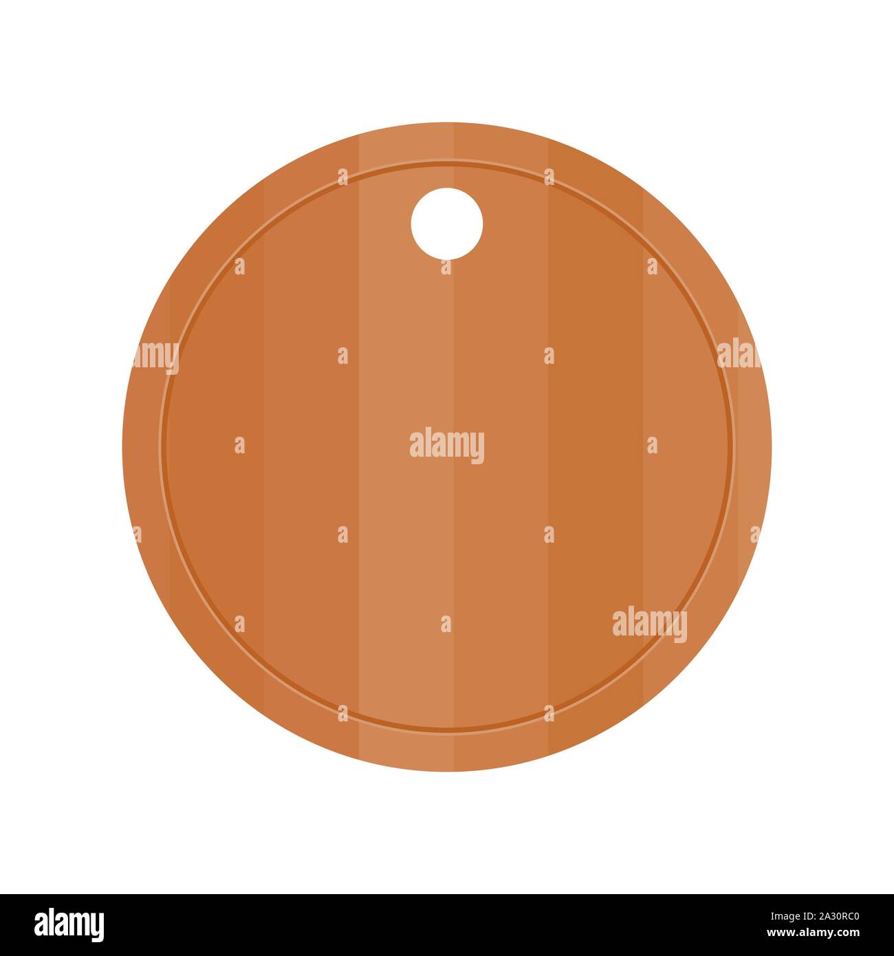 Svuotare legno tondo tagliere. Cucina in legno di bordo su sfondo bianco. Tagliere. Attrezzatura da cucina, posate, stoviglie. Concetto di cucina a vista. Illustrazione Vettoriale