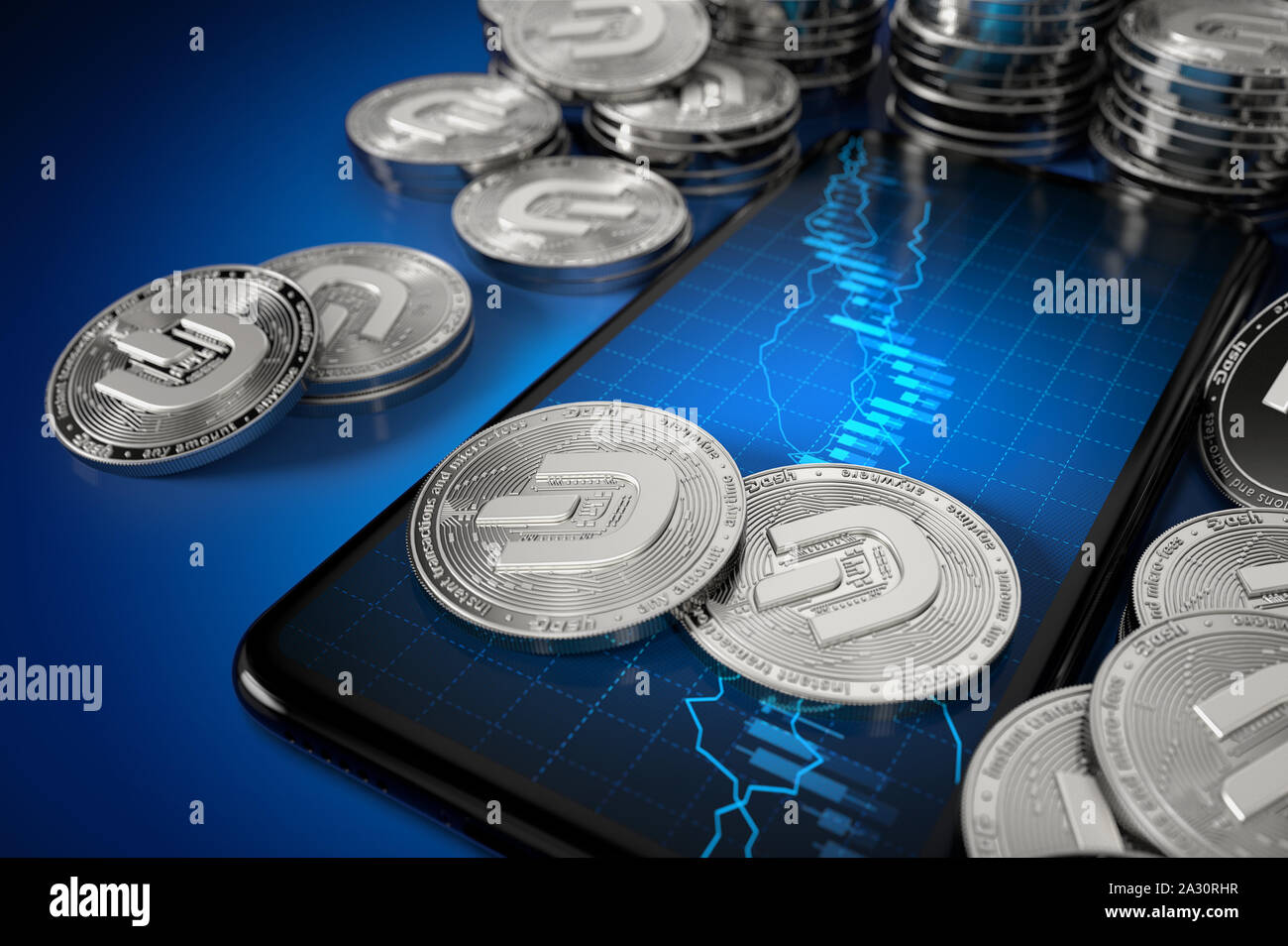 Smartphone con Coin Dash trading grafico sullo schermo tra pile di argento Dash monete (con 2019 update logo). Il rendering 3D Foto Stock