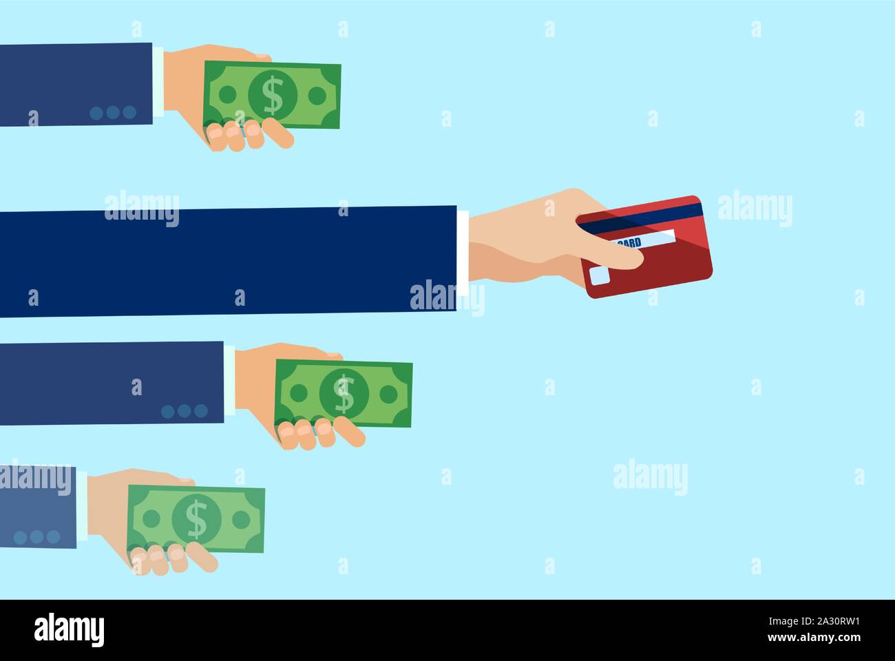 Vettore di persone mani di effettuare il pagamento in contanti e il metodo più popolare con carta di credito. Illustrazione Vettoriale