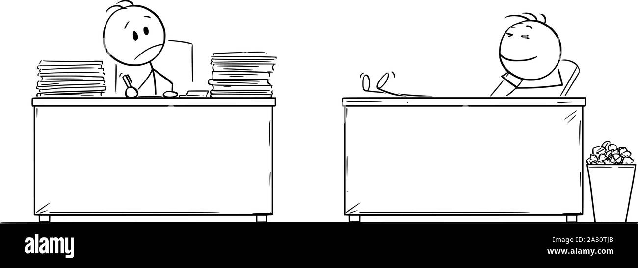 Vector cartoon stick figura disegno illustrazione concettuale del lavoro duro lavoratore di ufficio o imprenditore guardando pigri o veloce collega con le gambe sulla scrivania. Illustrazione Vettoriale
