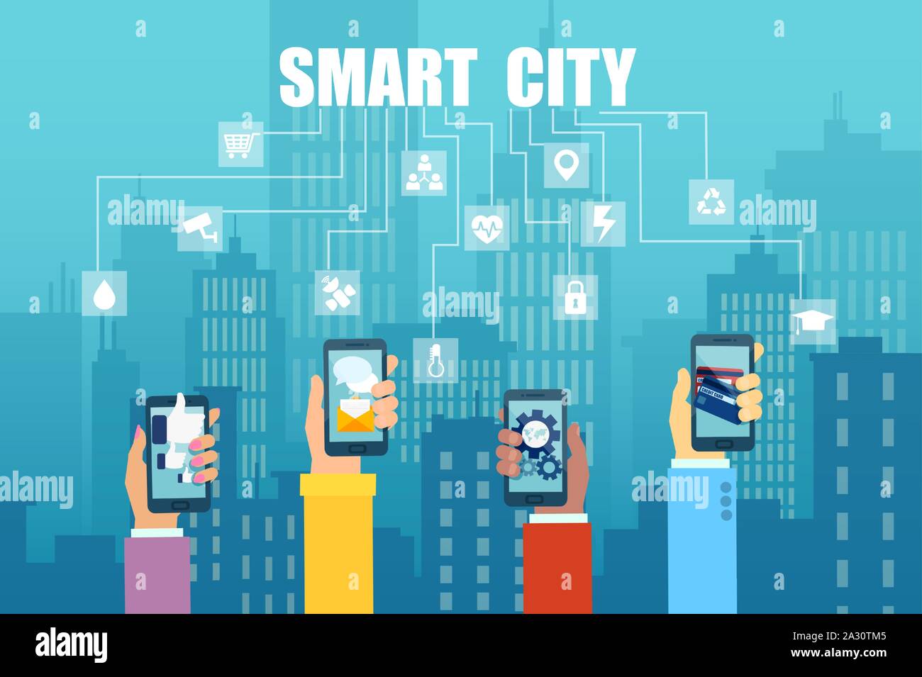 Vettore di mani di telefoni smart utilizzando diverse applicazioni collegati gli uni con gli altri Illustrazione Vettoriale