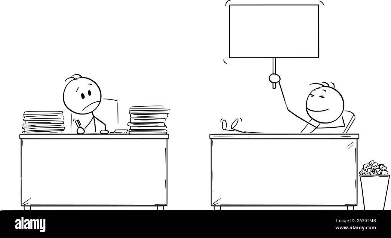Vector cartoon stick figura disegno illustrazione concettuale del lavoro duro lavoratore di ufficio o imprenditore guardando pigri o veloce collega, con le gambe sulla scrivania e segno di vuoto in mano. Illustrazione Vettoriale