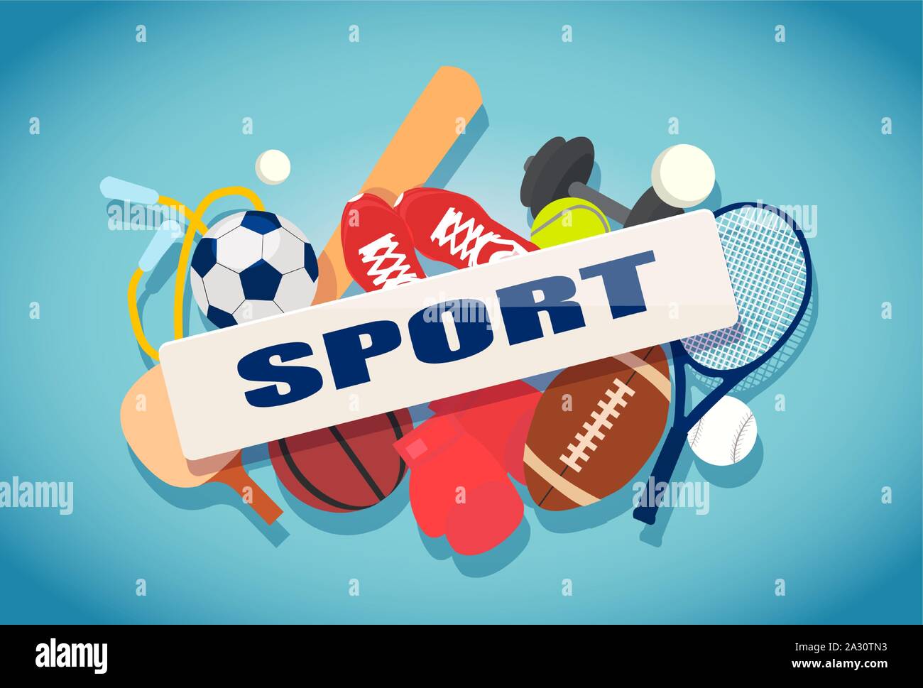 Set di vettore di sport palle e gli elementi di gioco, accessori su uno sfondo blu. Illustrazione Vettoriale