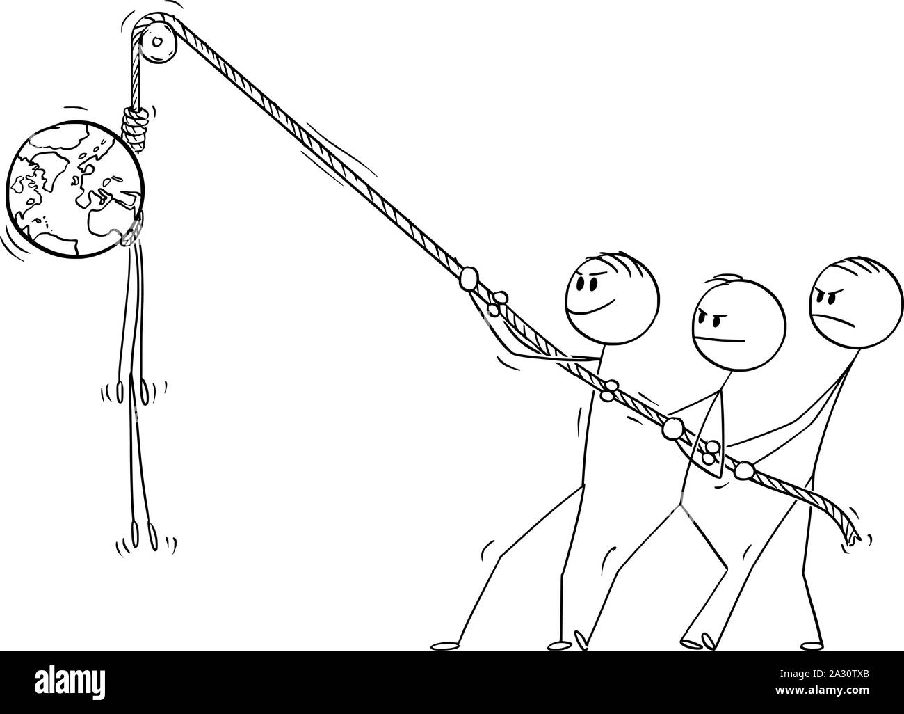Vector cartoon stick figura disegno illustrazione concettuale di persone appendere il pianeta Terra impiccato sulla corda. La morte del mondo e salvaguardia ambientale concetto. Illustrazione Vettoriale