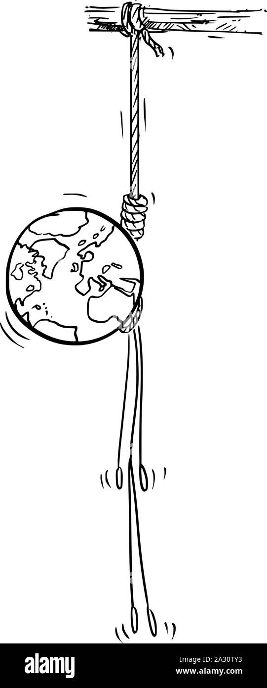 Vector cartoon stick figura disegno illustrazione concettuale del pianeta Terra impiccato sulla corda. La morte del mondo e salvaguardia ambientale concetto. Illustrazione Vettoriale