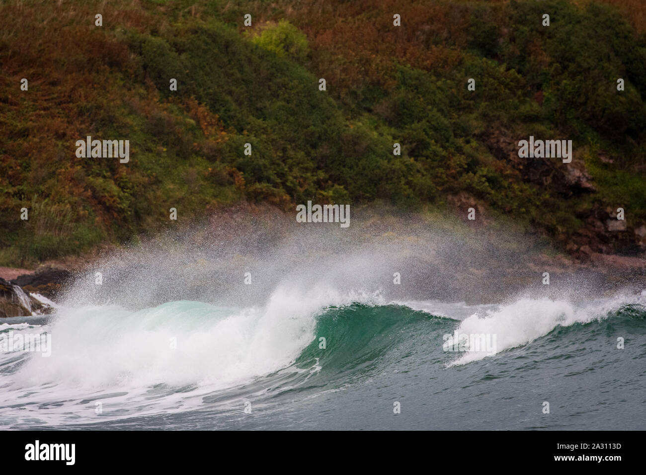 Onde che si infrangono sulla riva di Coldingham Bay, Berwickshire, Scottish Borders, Scozia, Regno Unito Foto Stock