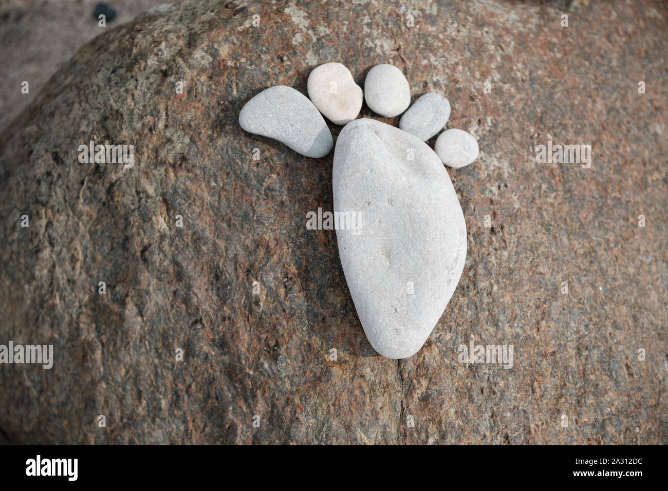 Una impronta del piede destro, composta di sei pietre piatte, drappeggiato artisticamente su una pietra di roccia Foto Stock