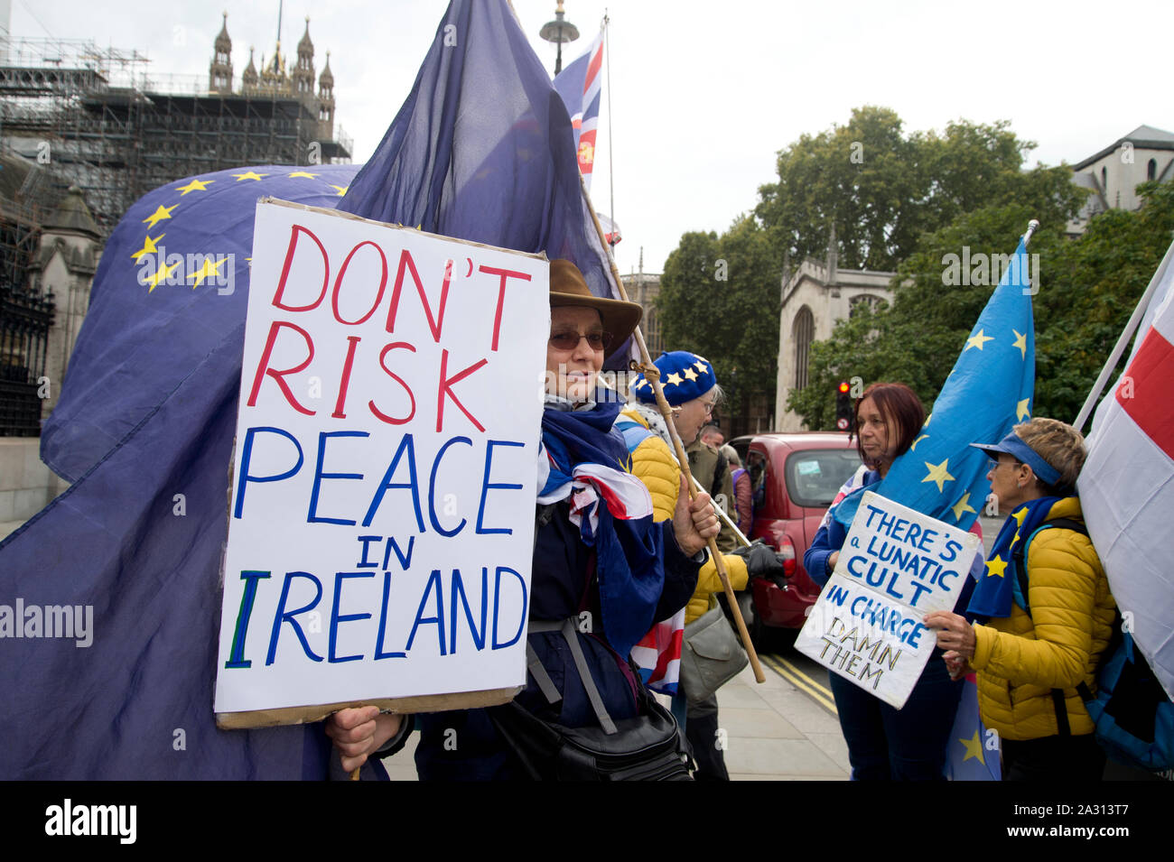 La piazza del Parlamento, Londra 3 ottobre 2019. Anti Brexit protesta da parte di Remainers. Cartello che dice "ont rischio la pace in Irlanda". Foto Stock