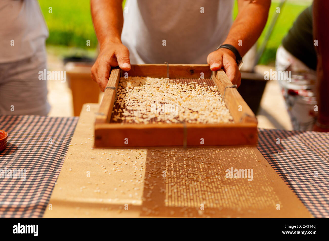 Agricoltore il filtraggio dei chicchi di riso con il vecchio filtro tradizionale sulla tabella che mostra il vecchio manuale tradizionale metodo di allevamento per la coltivazione del riso Foto Stock