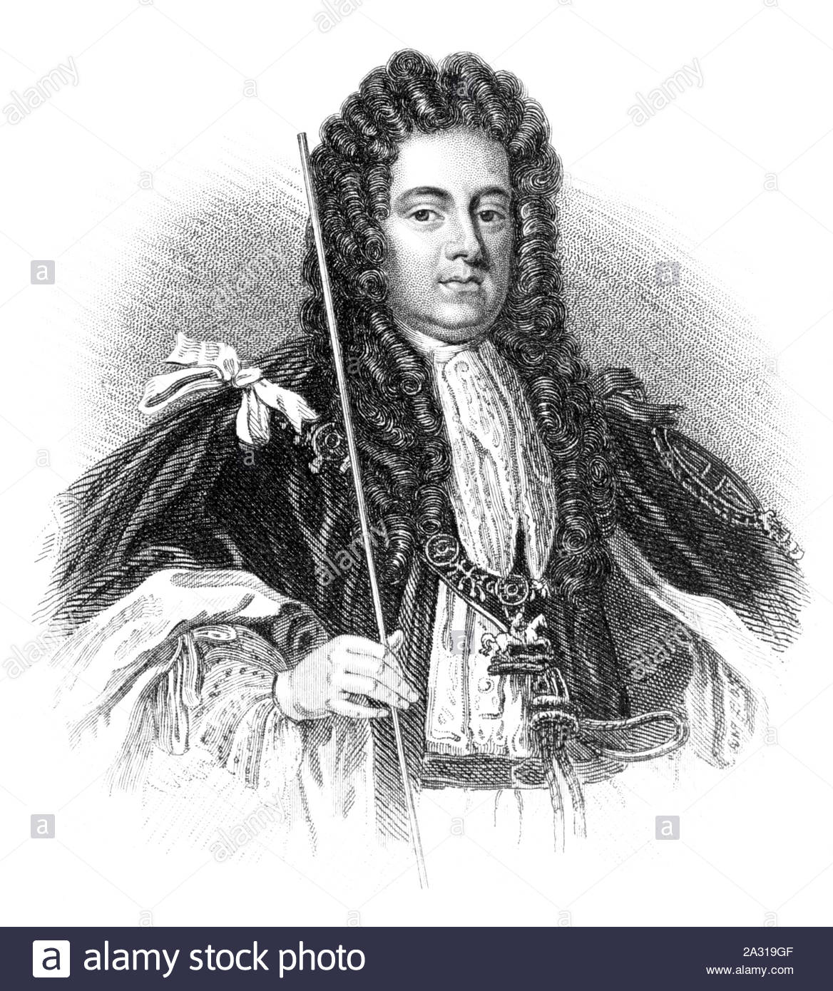 Sidney Godolphin ritratto, 1° Conte di Godolphin, 1645 - 1712, fu un uomo politico britannico della fine del XVII e l'inizio del XVIII secolo, vintage illustrazione dal 1850 Foto Stock