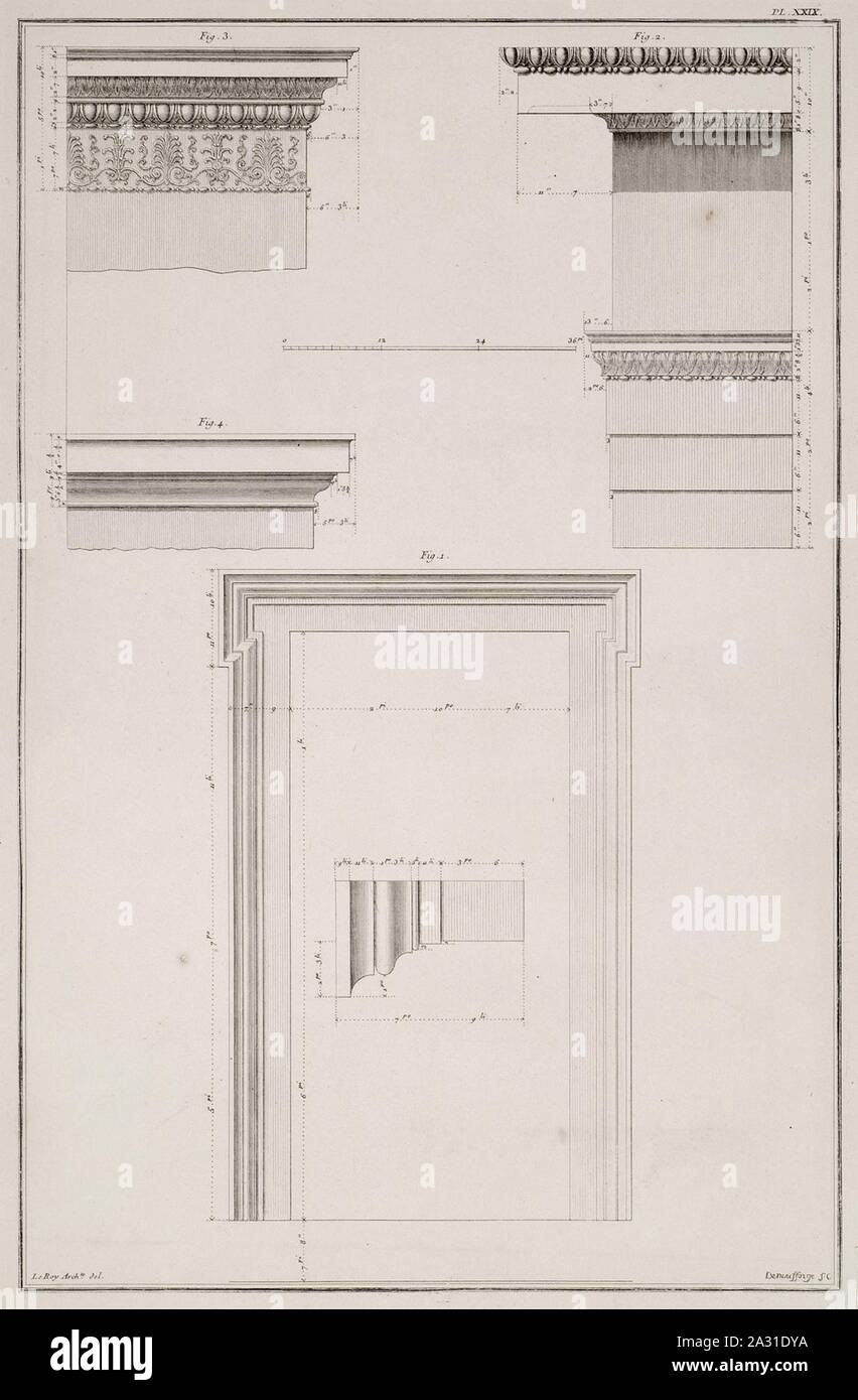 Eretteo- 1 View e i dettagli della finestra 2 Vista del cornicione del lato ovest 3 Colonna della antae 4 Geison - Le Roy Julien David - 1770. Foto Stock