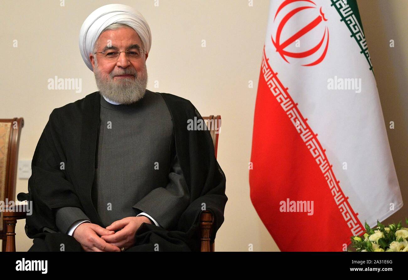 Il presidente iraniano Hassan Rouhani durante un incontro bilaterale con il presidente russo Vladimir Putin a margine del Supremo Economica Eurasiatica Consiglio Ottobre 1, 2019 a Yerevan, Armenia. Foto Stock