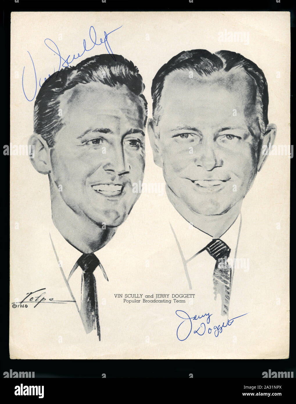 Hall of Fame emittente e leggendario annunciatore di Dodger baseball raffigurato nella firmato Nicholas Volpe ritratto con il suo partner di radio Jerry Doggett circa 1960s. Foto Stock