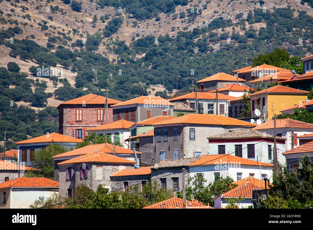 Vatousa, una pittoresca e tradizionale villaggio di montagna in Lesvos (o lesbo) Island, Grecia, l'Europa. Foto Stock