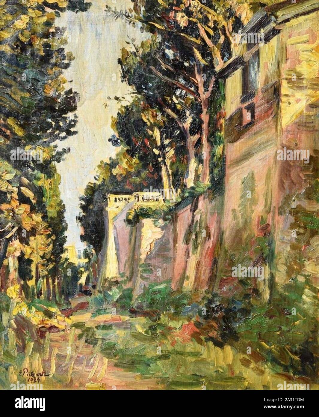 Ernst Pickardt - Landschaft in Italien mit Häuserreihe und Bäumen, 1924. Foto Stock