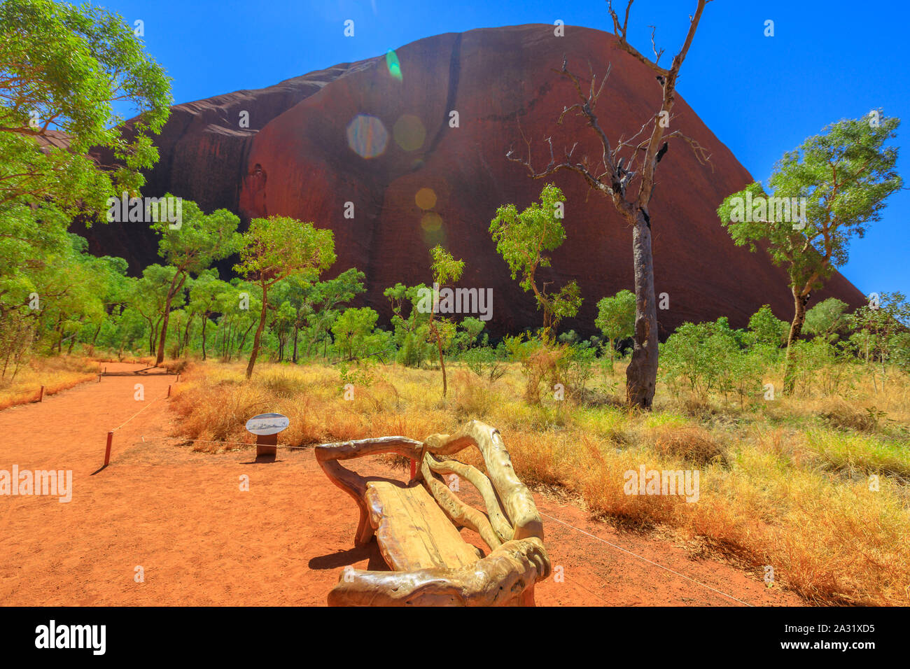 Panca in legno lungo rosso sentiero di sabbia e la macchia mediterranea a Kuniya a piedi in Uluru-Kata Tjuta National Park, il Territorio del Nord, l'Australia. Red Centre in Foto Stock