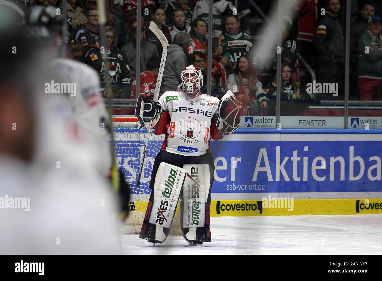 04.10.2019, xemx, Eishockey DEL, Augsburger Panther - Eisbaeren Berlin emspor, v.l. Schlussjubel, Mannschaft, Spieler, feiern ihren Sieg (DFL/DFB RI Foto Stock