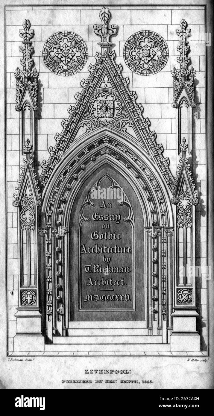 Saggio sulla architettura gotica fontispiece incisione di William Miller dopo Thomas Rickman. Foto Stock