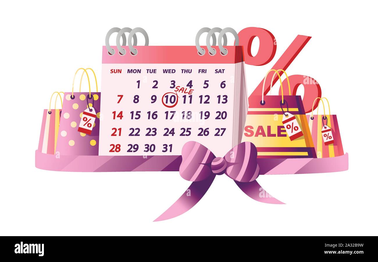 Tabella Calendario con data di vendita delle borse per lo shopping e il simbolo di percentuale vendita giorno tag flat illustrazione vettoriale su sfondo bianco. Illustrazione Vettoriale