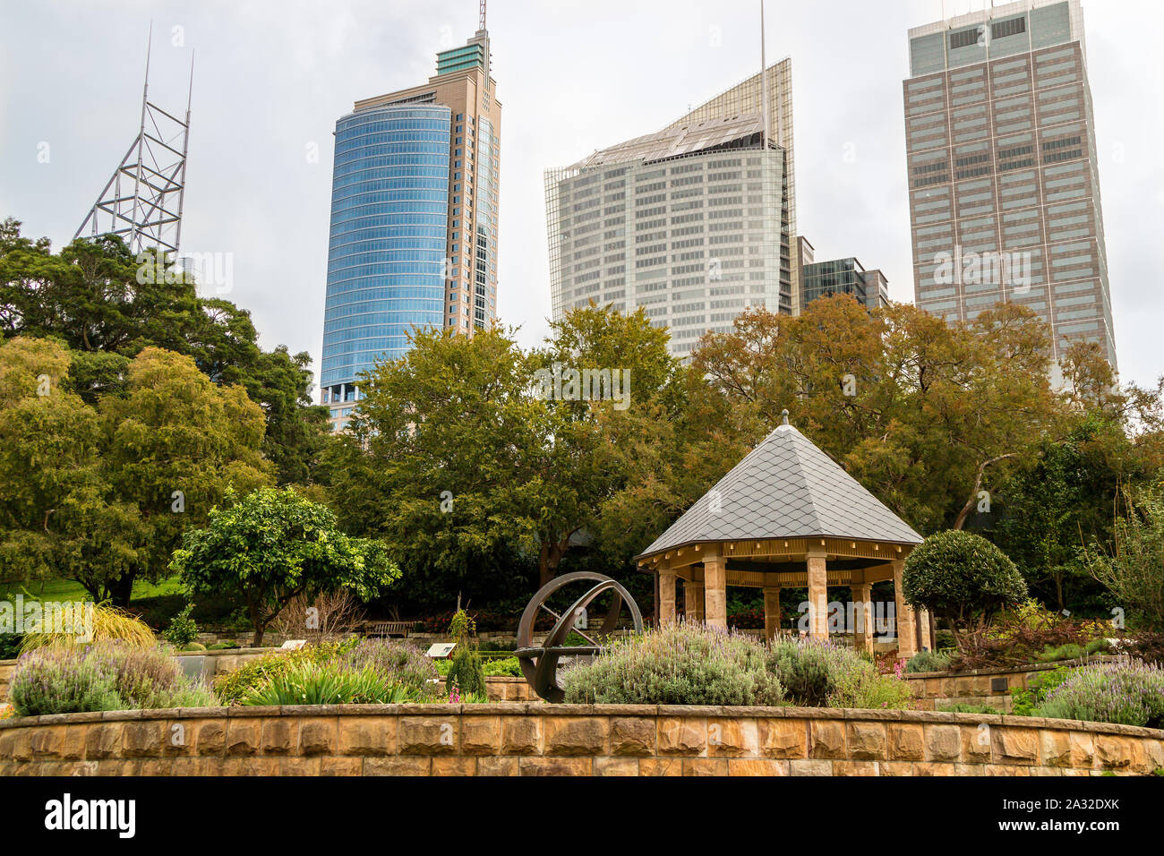Vista degli alti edifici del Quartiere Finanziario Centrale di Sydney dalla Royal Botanic Gardens. Foto Stock