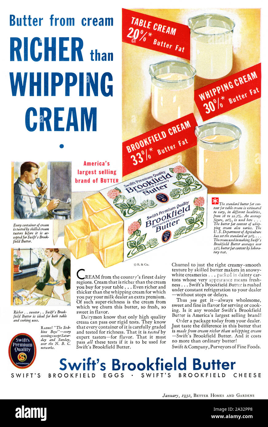 Vintage Magazine ad 'Crema più ricca e frustante' di Swift Brookfield Burro Foto Stock
