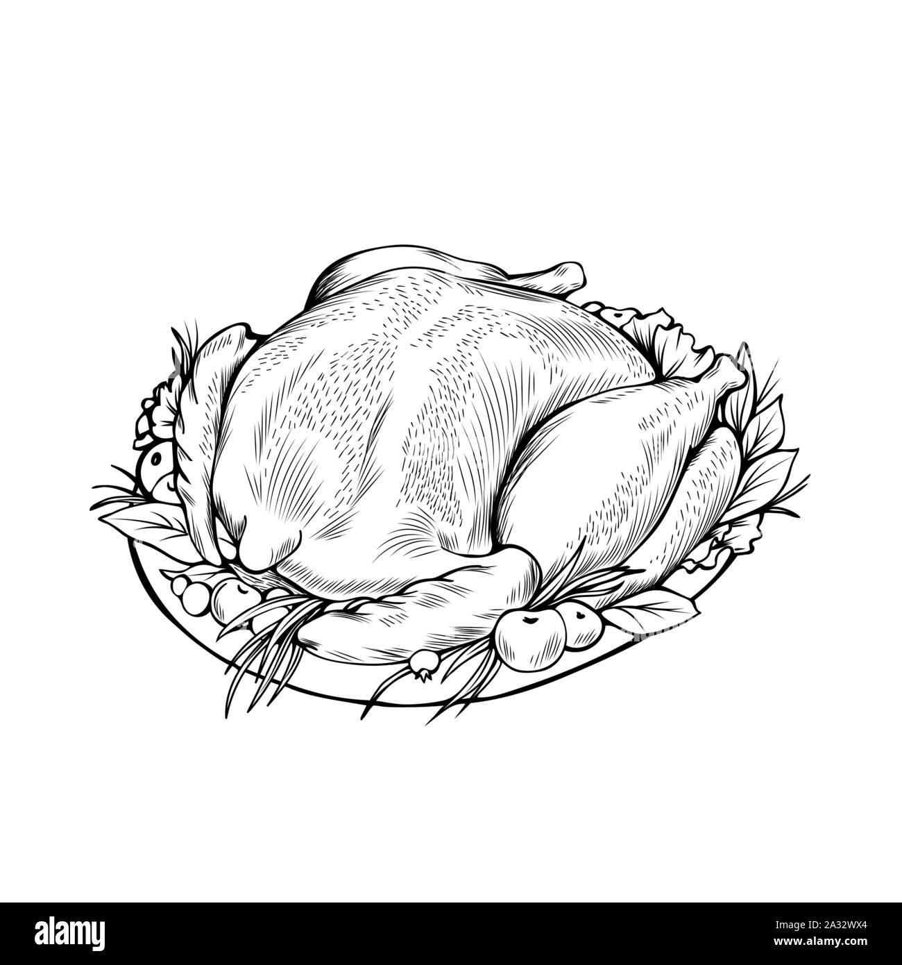 Il pollo cotto disegnati a mano illustrazione vettoriale. La stagione autunnale vacanza, la Giornata del ringraziamento, cena di gala una linea sottile simbolo. La Turchia al forno con guarnire disegno monocromatico. Tradizionale piatto di fatti in casa Illustrazione Vettoriale