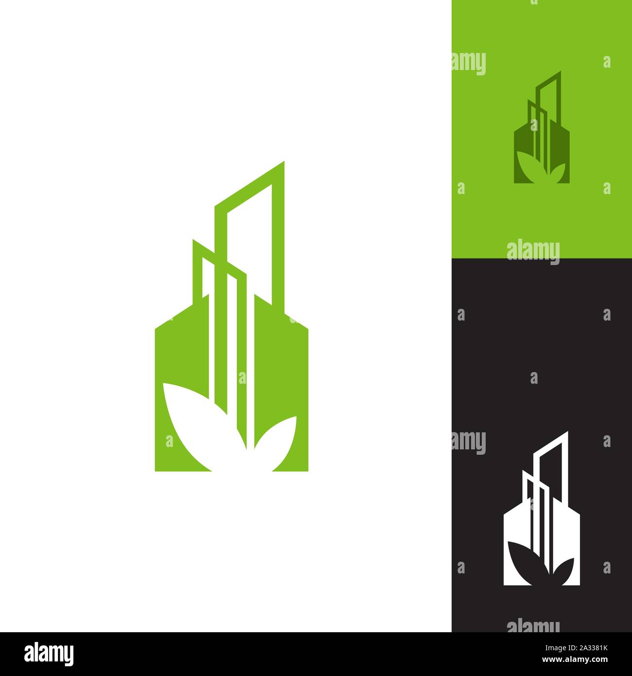 Casa verde e costruzione dell'albero logo design vettore segno di simbolo illustrazioni Illustrazione Vettoriale