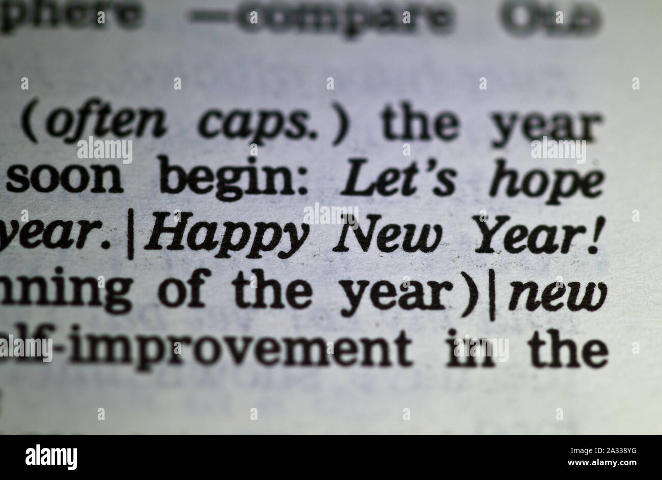 Felice Anno Nuovo di una frase in un vecchio dizionario Foto Stock