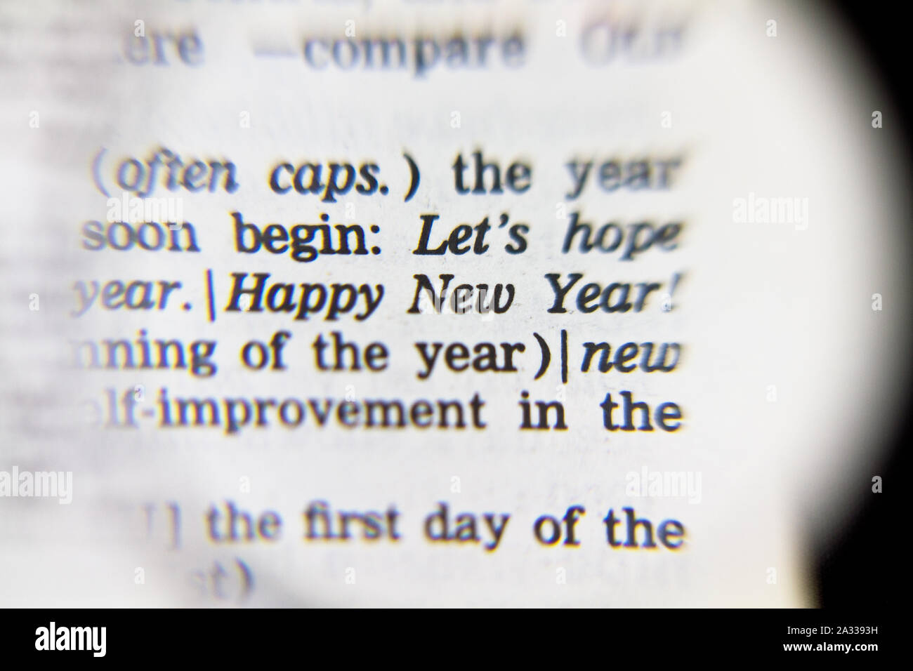 Felice Anno Nuovo di una frase in un vecchio dizionario Foto Stock