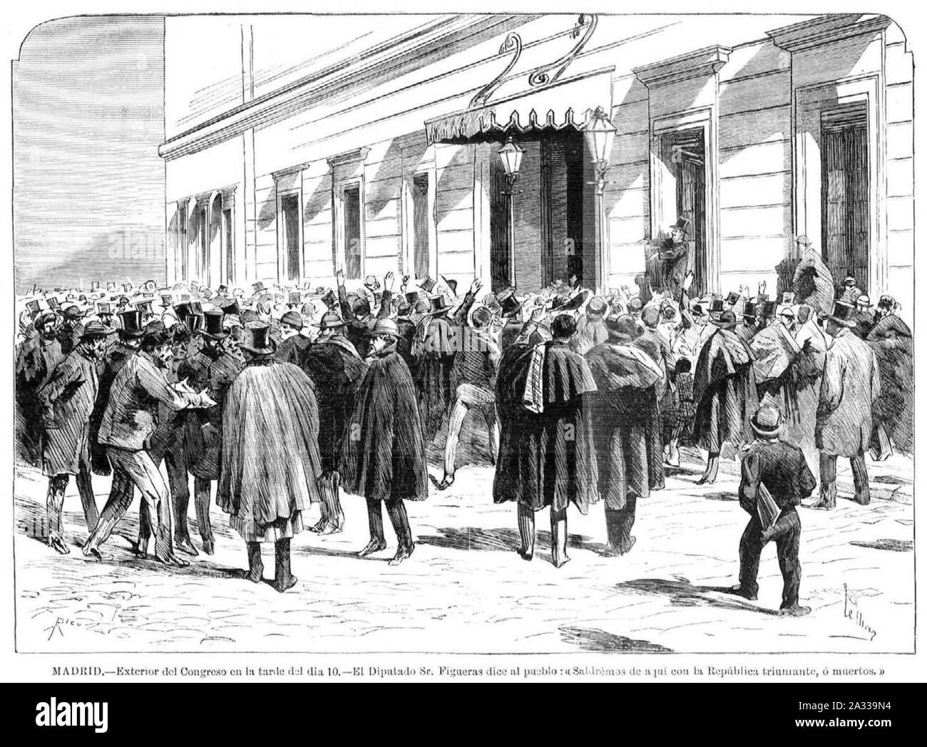 Esterno del Congreso en la tarde del día 10, el diputado Sr Figueras dice al Pueblo, "Saldremos de aquí con la República triunfante, o muertos", de Pellicer. Foto Stock