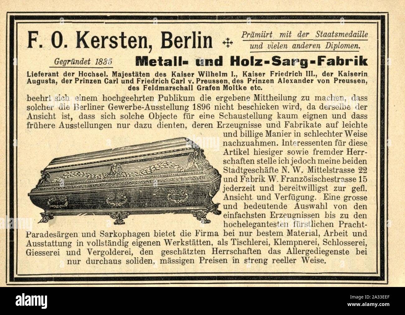 F. O. Kersten, Berlino - Metall- und Holz-Sarg-Fabrik, 1896. Foto Stock