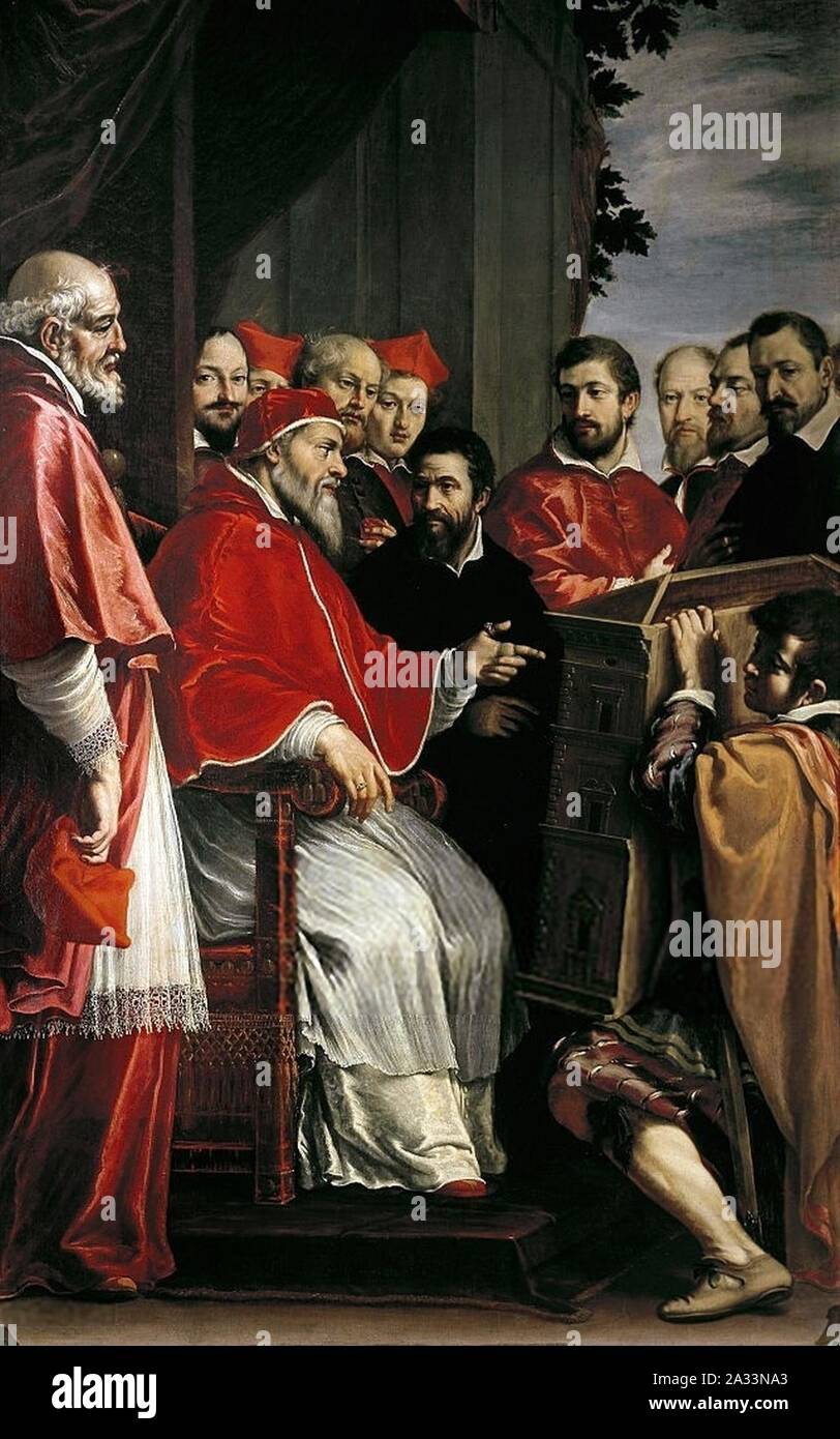 Fabrizio boschi, Michelangelo presenta un Giulio III il modello per il palazzo del tribunale della ruota. Foto Stock