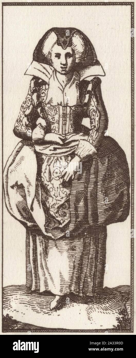 Faemina Plebeia Parisiensis Femme bourgeoise de Paris, Mappa di Parigi di Claes Jansz. Visscher. Foto Stock