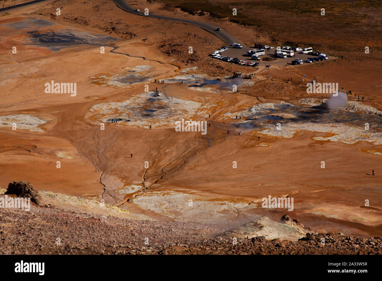 Hverir area geotermale con gorgogliamento di pozze di fango e fumarole di cottura a vapore. Foto Stock