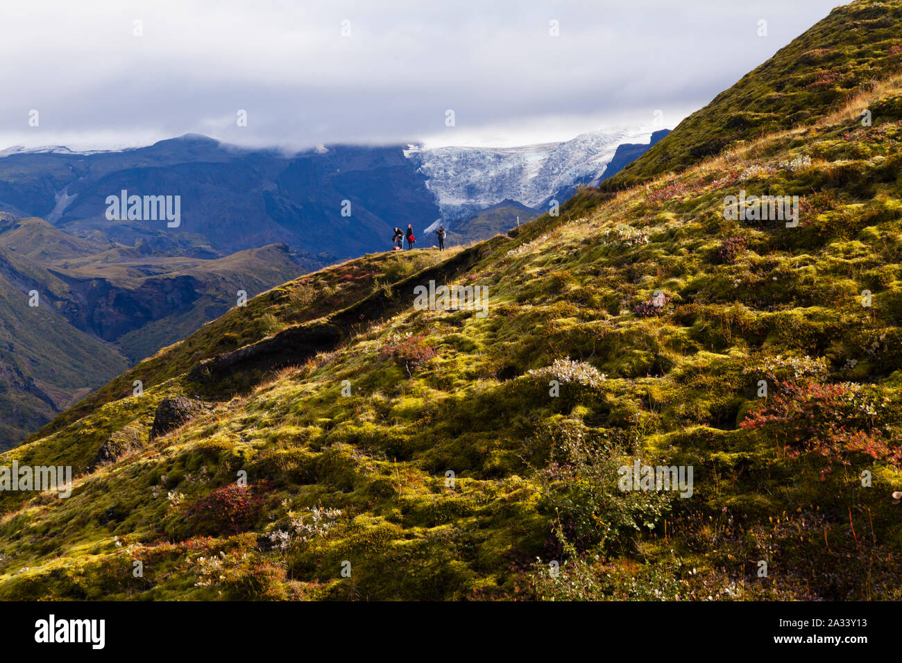 Islanda interno e per le escursioni in montagna Thorsmork con ghiacciaio in background Foto Stock