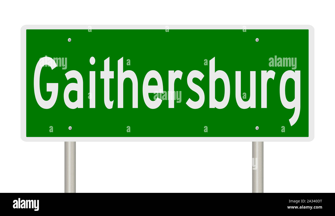 Il rendering di un verde 3d autostrada segno per Gaithersburg Maryland Foto Stock
