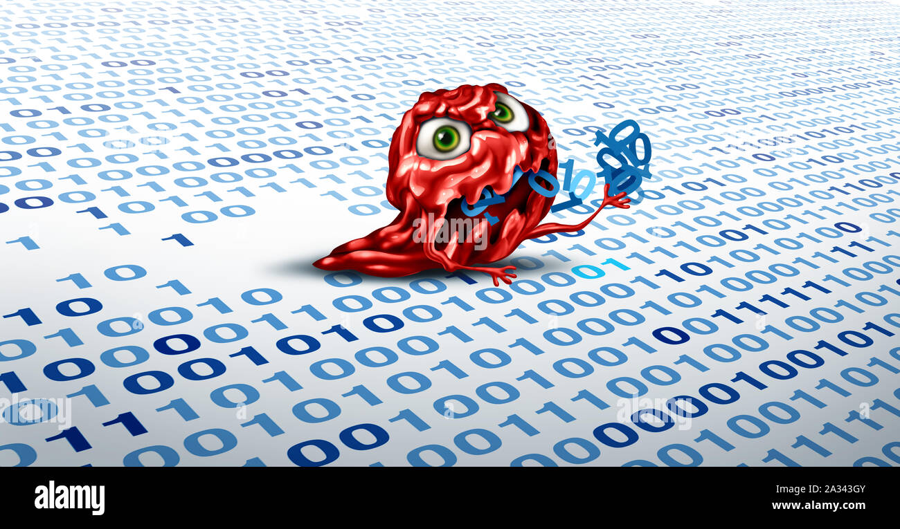 Computer virus malware la distruzione dei dati e di cancellazione del codice digitale da un disco rigido o di una memoria del server di storage come un hacking o internet security. Foto Stock