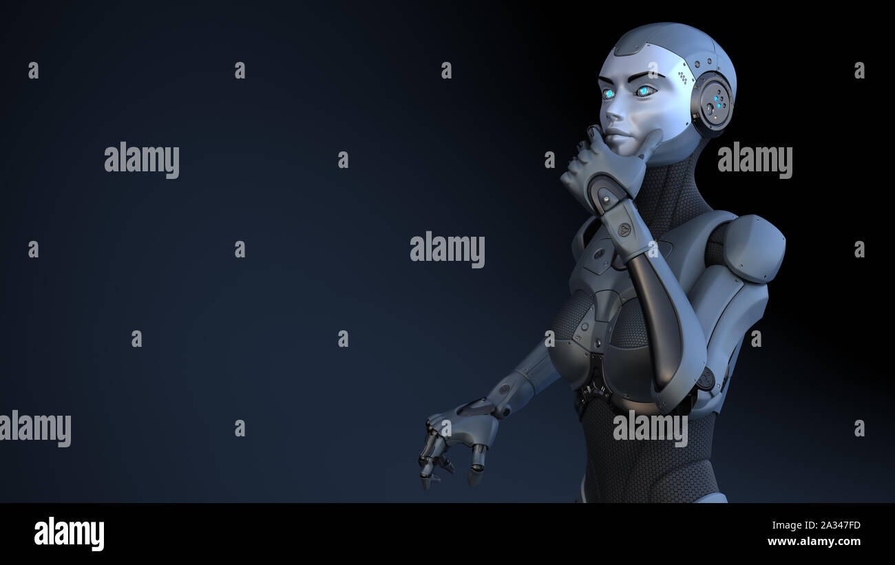 Cyborg sorge in un pensieroso pongono. 3D illustrazione Foto Stock