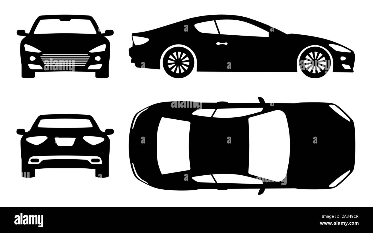 Auto sportiva silhouette su sfondo bianco. Icone del veicolo imposta vista dal lato anteriore, posteriore e superiore Illustrazione Vettoriale