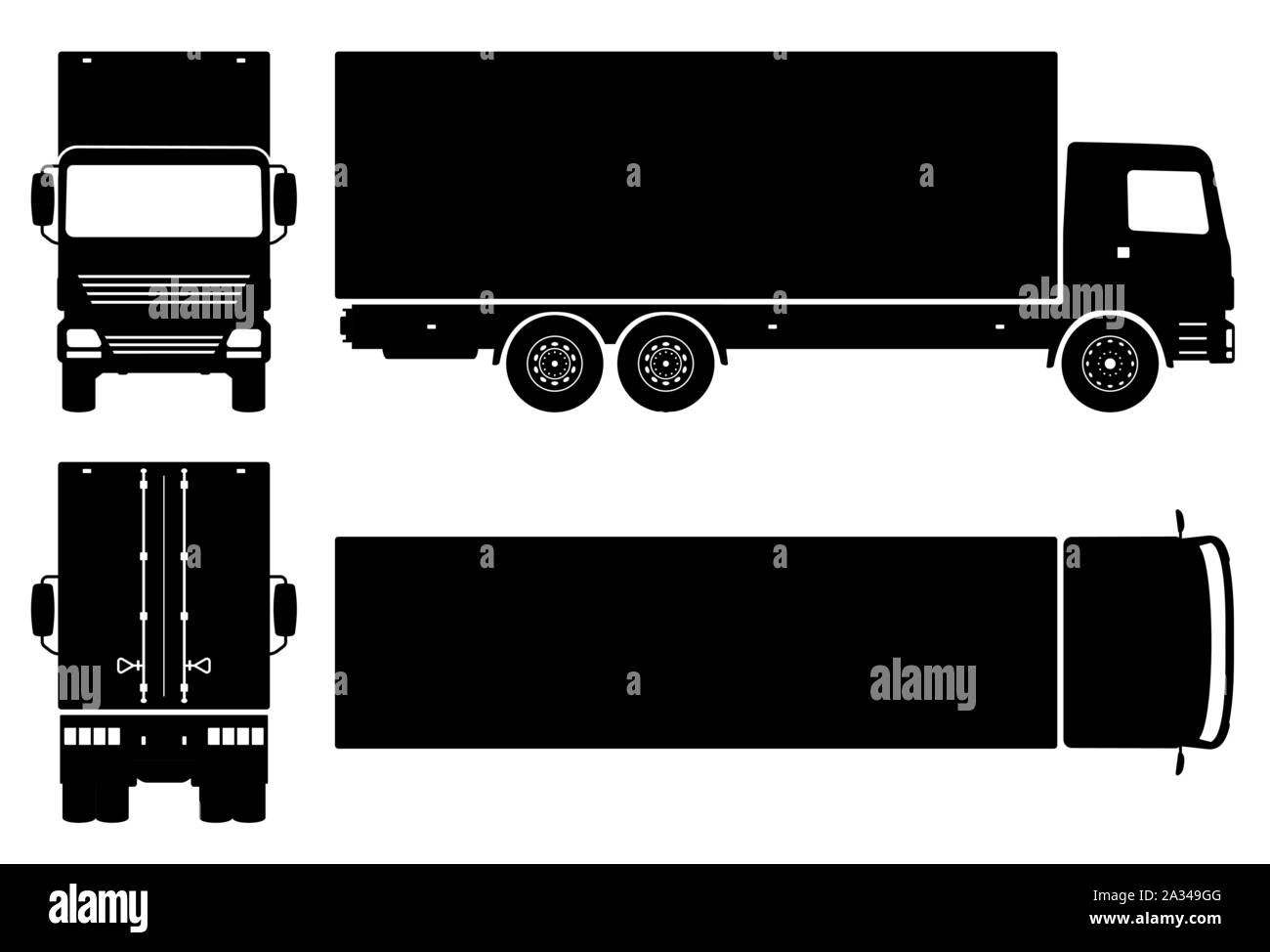 Box carrello silhouette su sfondo bianco. Icone del veicolo imposta vista dal lato anteriore, posteriore e superiore Illustrazione Vettoriale