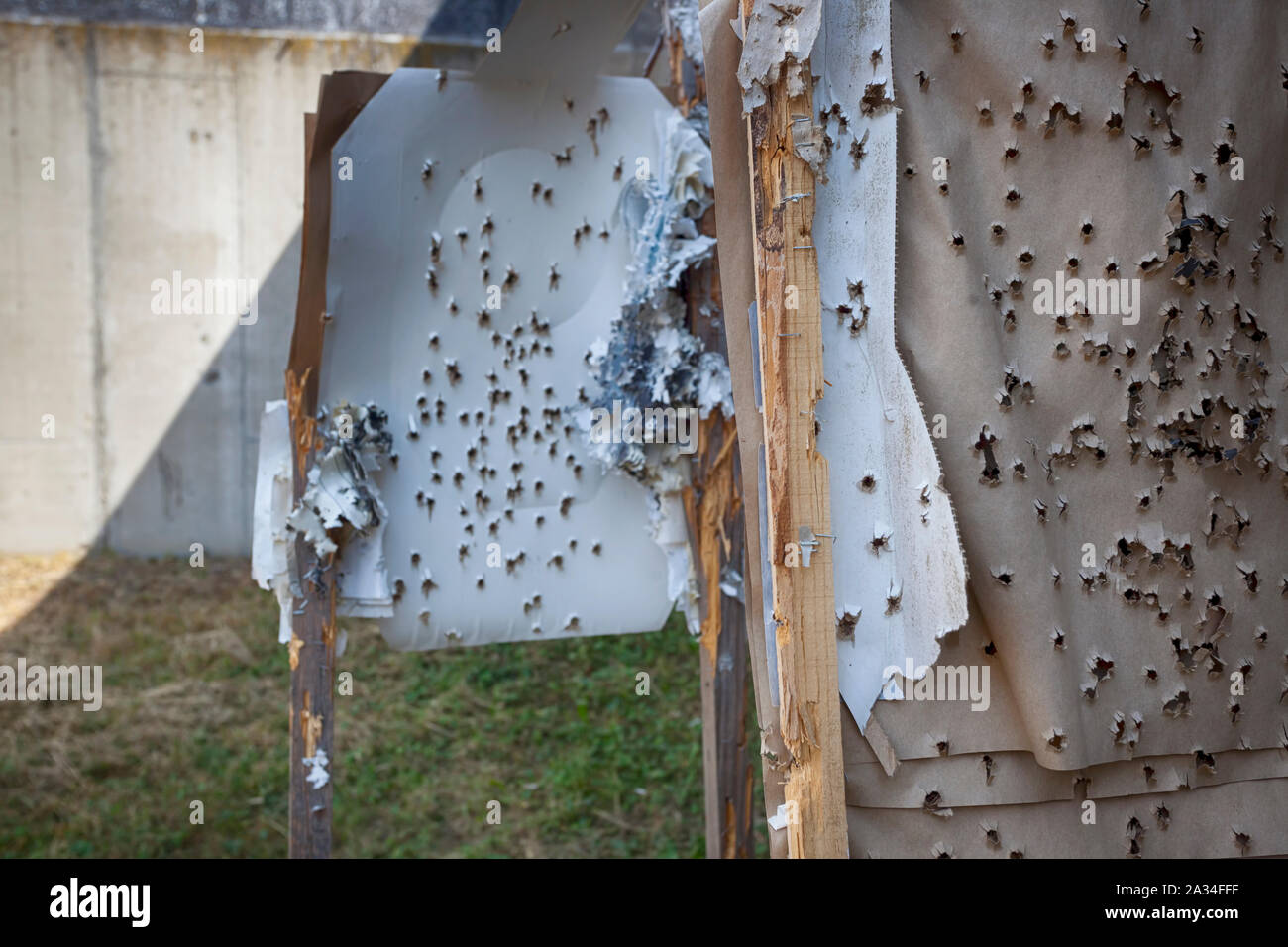 Poligono di tiro bersaglio dopo il tiro con fucile calibro bullet agglomerati in forma di pellets Foto Stock