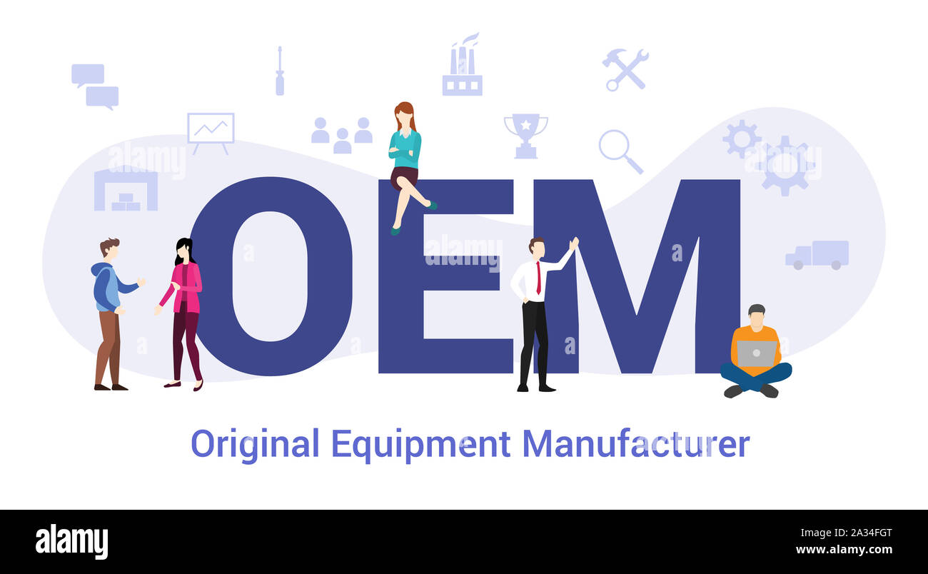 Oem original equipment manufacturer concetto con grande parola o il testo e il team di persone con un moderno stile piatto - illustrazione vettoriale Foto Stock