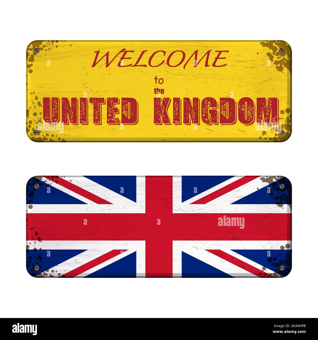 Due targhette con la Gran Bretagna bandiera e testo di benvenuto Illustrazione Vettoriale