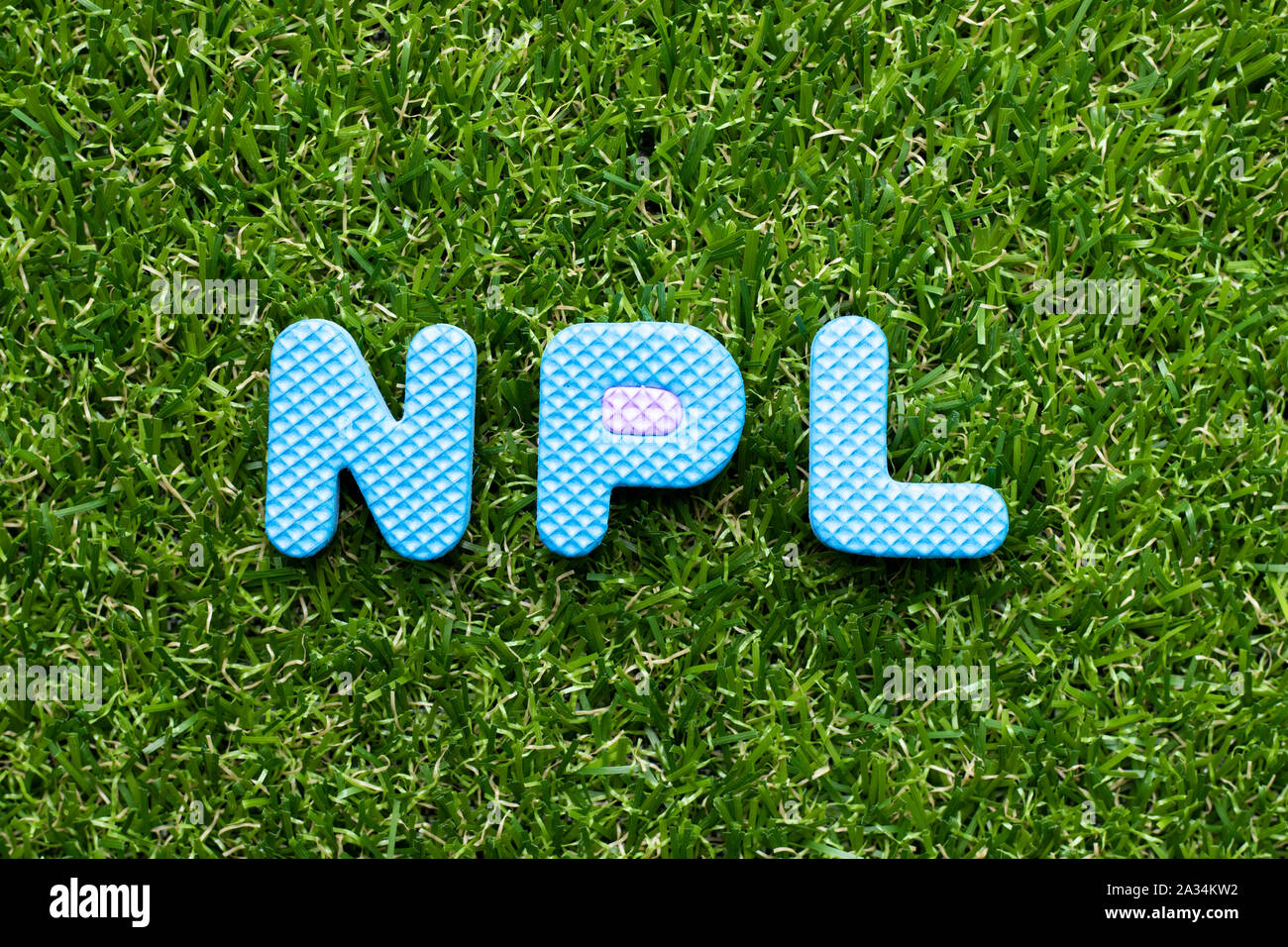 Schiuma giocattolo lettera nella parola NPL (abbreviazione di Non Performing Loan, Non-Patent letteratura) su erba verde sullo sfondo Foto Stock