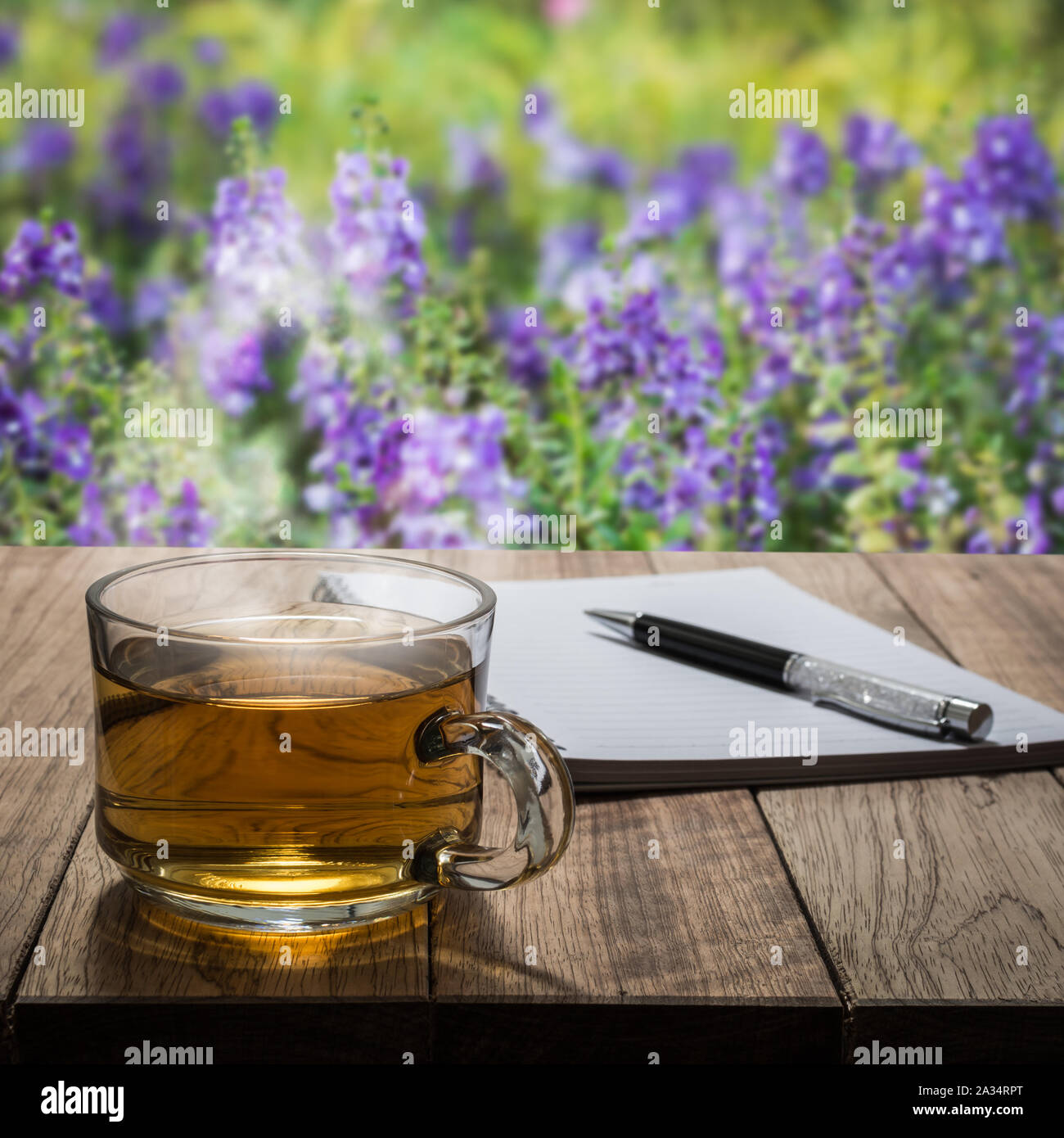 Il tè caldo con notebook e penna su un tavolo di legno nel giardino fiorito Foto Stock
