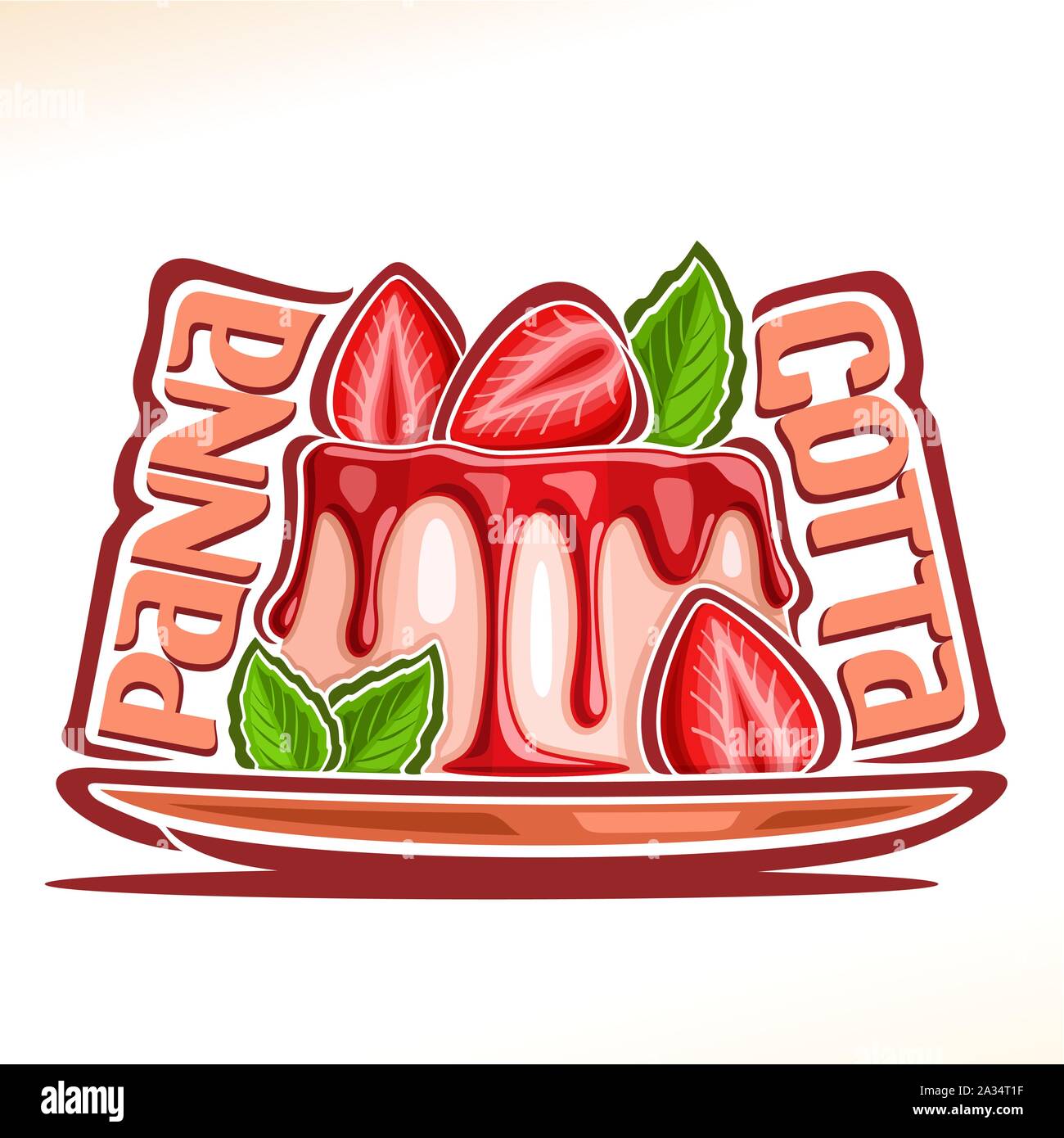 Il logo del vettore per la panna cotta, illustrazione di dolciumi a base di sostanze gelatinose per pasticceria menu, poster con frutta pannacotta sul piatto di portata e carattere originale per parole Illustrazione Vettoriale