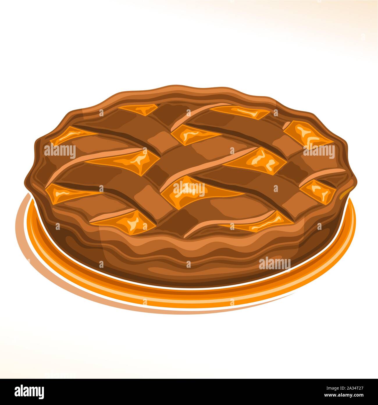 Illustrazione Vettoriale di cioccolato torta fatta in casa di pasticceria fresca con ripieno di frutta sul piatto isolato su sfondo bianco, tradizionale torta di pesche dess Illustrazione Vettoriale