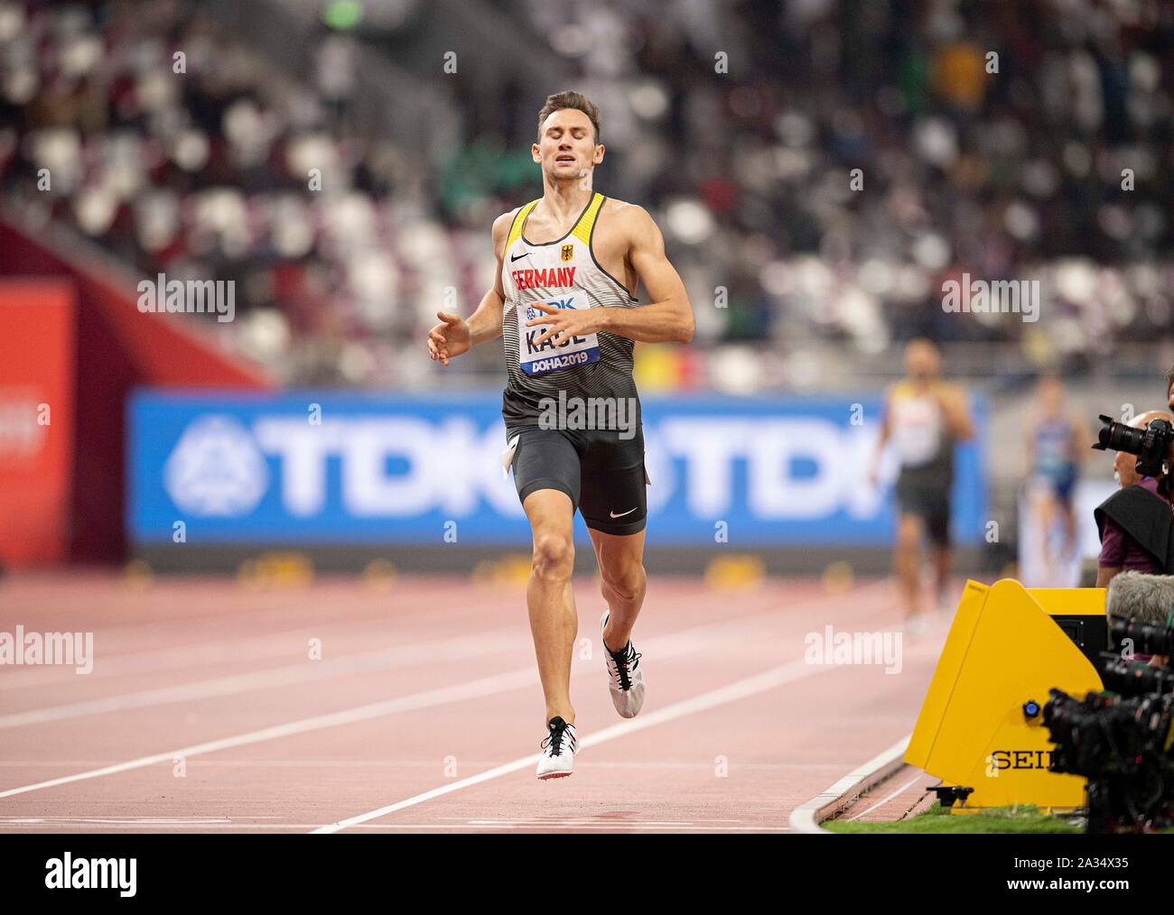 Fine vincitore Niklas KAUL (Germania/1° posto), azione. Obiettivo. 1500m decathlon di uomini, su 03.10.2019 mondiali di atletica 2019 a Doha/Qatar, dal 27.09. - 10.10.2019. | Utilizzo di tutto il mondo Foto Stock