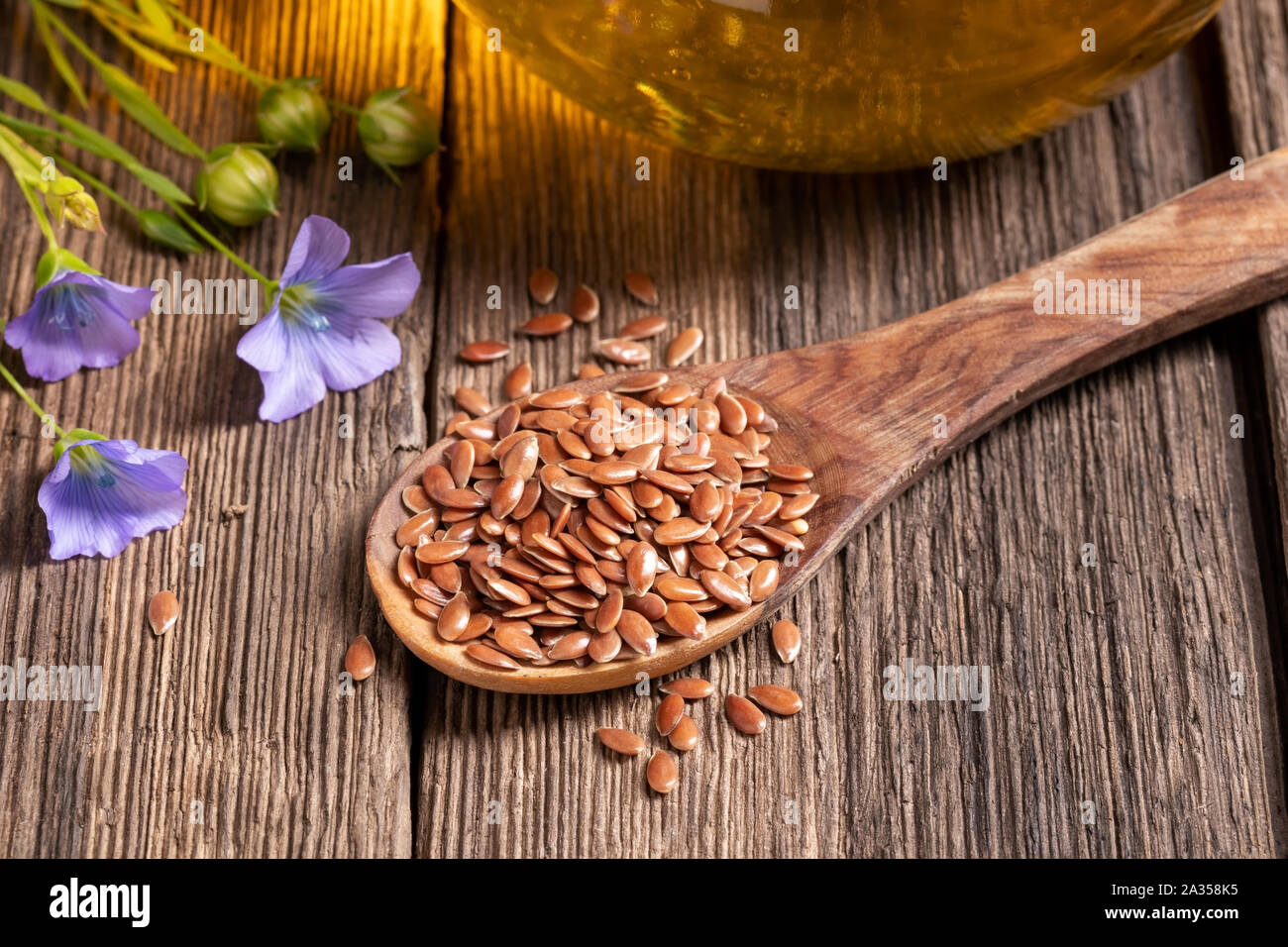 Fiori di lino, semi su un cucchiaio di olio e Foto Stock